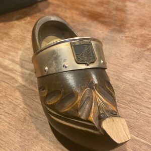 Vintage Dutch Wooden Shoe Carved W/ Brass & Hanging Attachment 11 Inches Rare!!